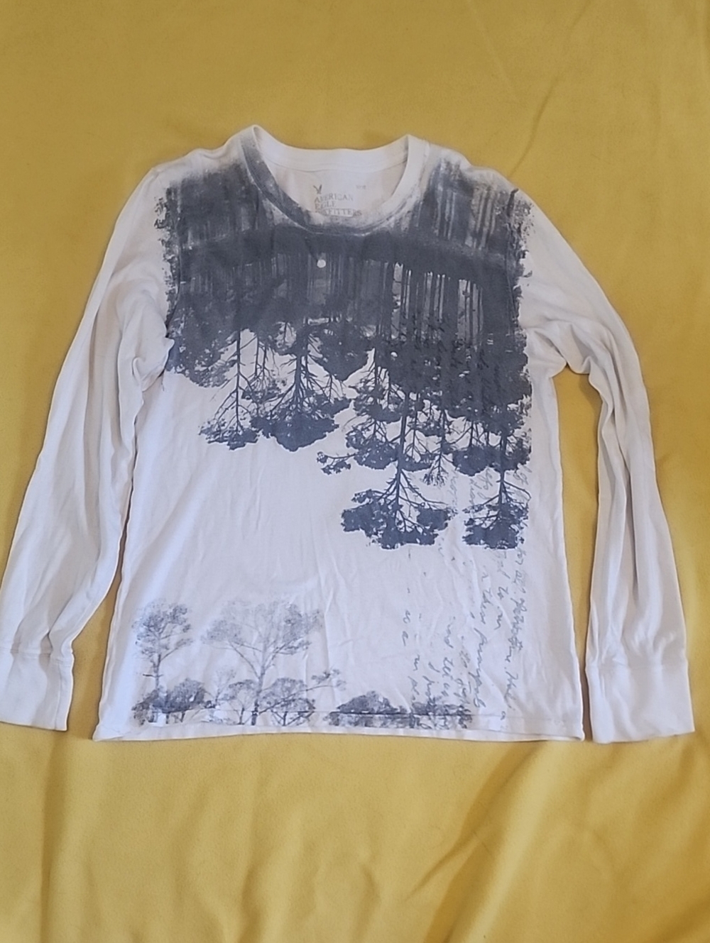 American Eagle Outfitters White Long-Sleeve Tee with Gray Forest Print
